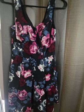 Floral Fit-and-Flare Dress in Black and Pink